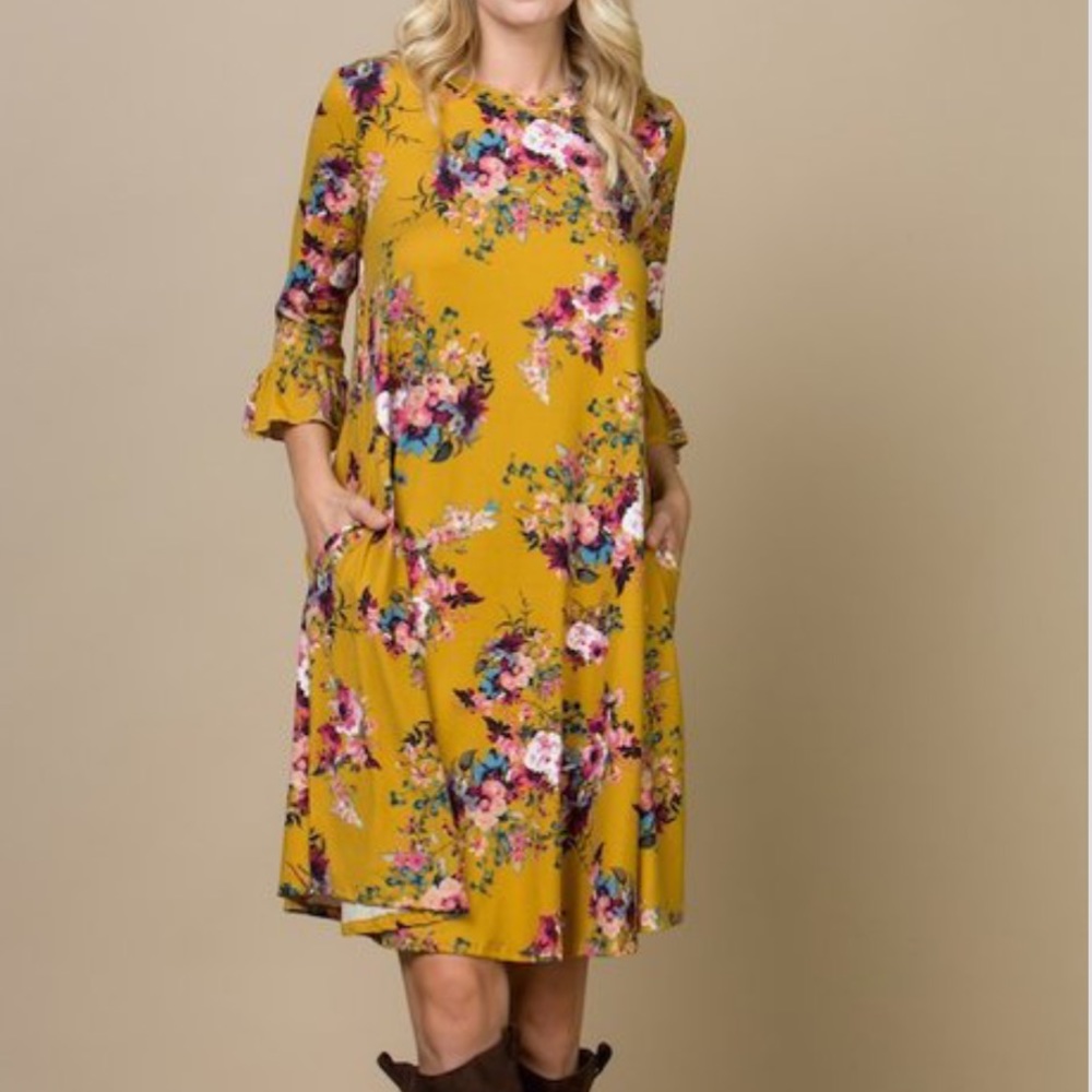 Mustard floral bell sleeve dress with pockets!